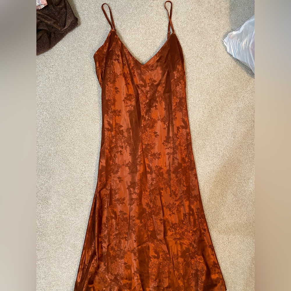 Lulu's Rust Orange Floral Satin Dress